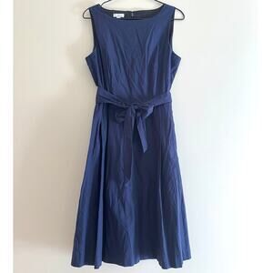 L.L. Bean Signature Cotton Poplin Dress Fit & Flare Navy Pockets Tie Size 8